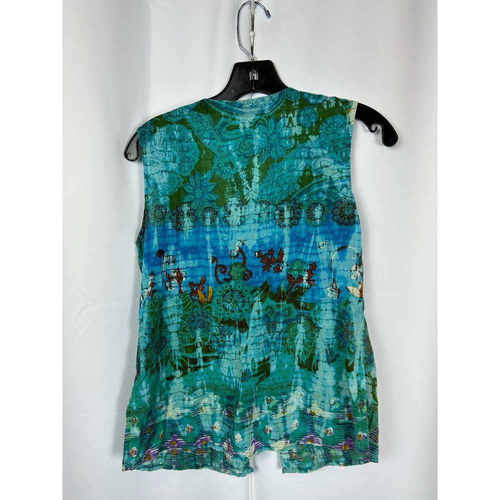 Papa Boho Hippy Blue Green Tie Dye Paisley Sleeveless Cotton Top Size Small